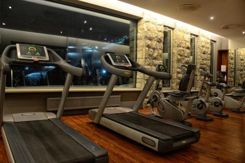 a gym with several cardio machines in a room at Hotel SPA Dr Irena Eris Krynica Zdrój in Krynica Zdrój