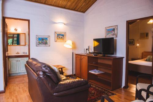 a living room with a leather chair and a television at Coconuts in Grand Baie
