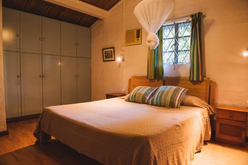 a bedroom with a large bed and a window at Coconuts in Grand Baie