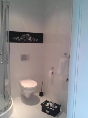 een badkamer met een toilet en een douche bij Wind Rose Realizujemy bon turystyczny in Świnoujście