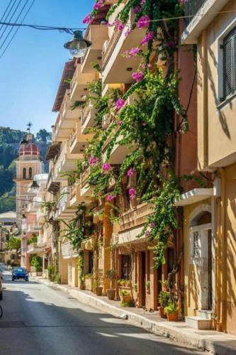 a street with flowers on the side of a building at Yria Hotel in Zakynthos Town