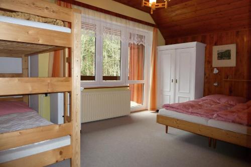 a bedroom with two bunk beds and two windows at Pod Sněžníkem in Dolní Morava