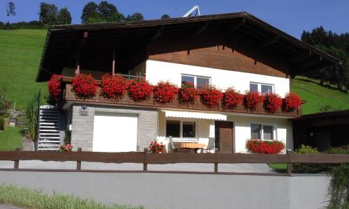 a house with red flowers on the balcony at Appartement Schilcher in Oberau