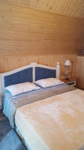 a large bed with a blue headboard in a room at Панівецька Садиба in Zubrivka