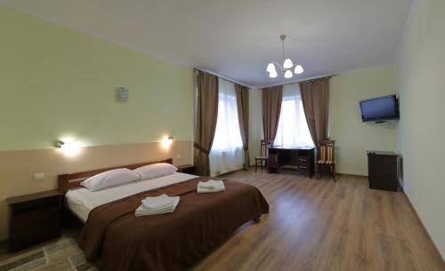 um quarto de hotel com uma cama e uma televisão em Hotel Karpaty em Ivano-Frankivsʼk