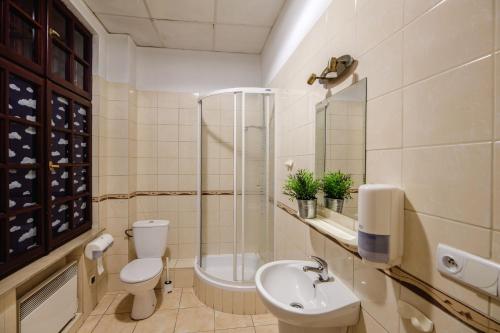 a bathroom with a toilet and a sink and a shower at Golden Lion Guest Rooms Szewska 19 in Kraków