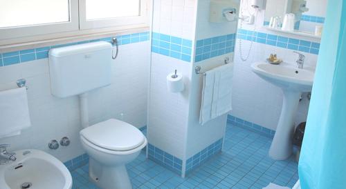 uma casa de banho azul e branca com um WC e um lavatório em Albergo dei Pini em Andria