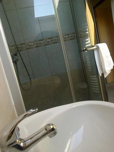 a bathroom with a shower and a white sink at Györgyey Kastély Panzió és Étterem in Tápiógyörgye
