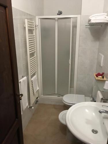 La salle de bains est pourvue d'une douche, de toilettes et d'un lavabo. dans l'établissement Affittacamere Villa Bagno Santo, à Saturnia