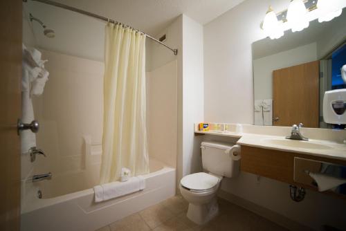 y baño con aseo, lavabo y ducha. en River Valley Inn & Suites, en Osceola