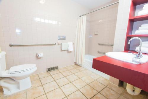 a bathroom with a toilet and a sink and a shower at Rough River Dam State Resort Park in Fentress McMahan