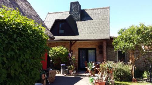 a house with a red door and some plants at Gartenblick in Zingst