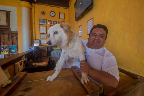 a man holding a dog at a table at Rossco Hostel & Hotel in San Cristóbal de Las Casas