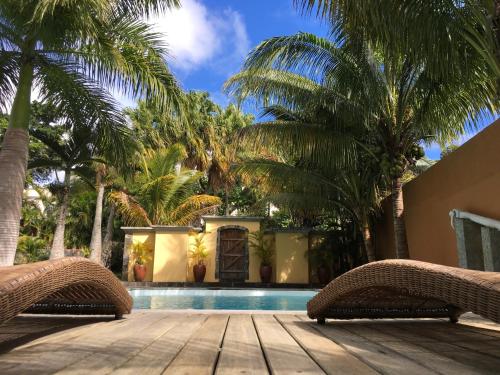 a villa with a swimming pool and palm trees at Maison D’hôtes Coignet in Rose Hill