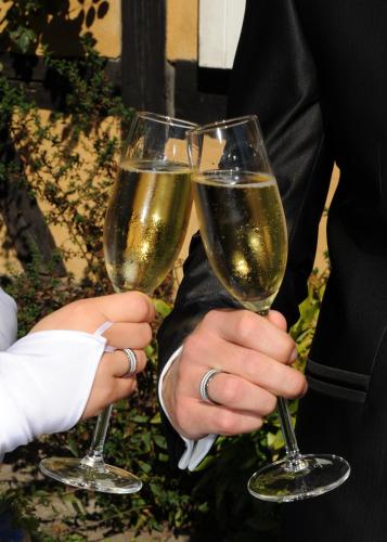 two people holding two glasses of white wine at Hotelanlage Starick in Lübbenau