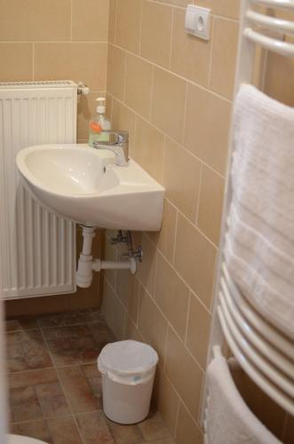 a bathroom with a sink and a toilet at Gerecse Vendégház in Süttő