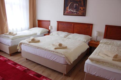 1 dormitorio con 2 camas y toallas. en Hotel Aurelius Mikulov en Mikulov