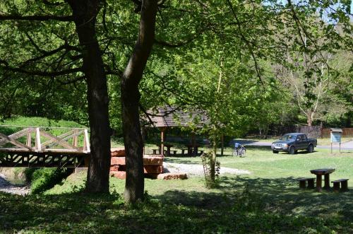 a park with a bench and a tree at Gerecse Vendégház in Süttő