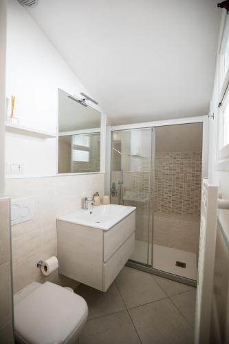 a bathroom with a toilet and a sink and a shower at Rooftop Apartment in Garda