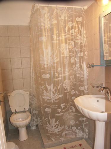 a bathroom with a shower curtain with a toilet and a sink at Karades Houses Poseidon 75m2 in Naxos Chora