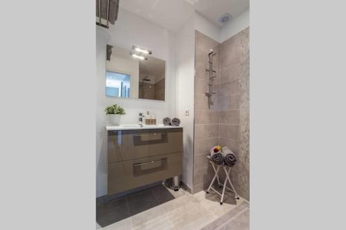 une salle de bain avec un lavabo et une douche dans l'établissement LE ROSSETTI B. - modern, long balcony, old town Nice, à Nice