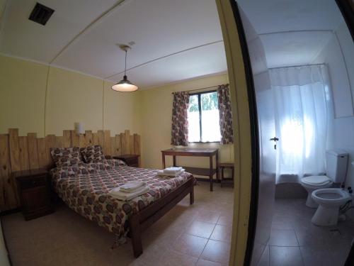 a bedroom with a bed and a toilet and a window at Hostel Los Pioneros in El Calafate