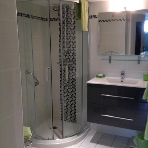 une salle de bain avec une douche en verre et un lavabo dans l'établissement Agora Mijo Chambre d'Hôtes, à Nantes