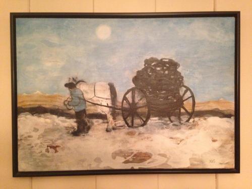 a painting of a man pulling a horse drawn carriage at Ivaregga Vinterstua in Tolga