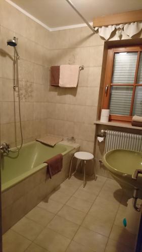 a bathroom with a green tub and a sink at Apartments Blumenheim in Castelrotto