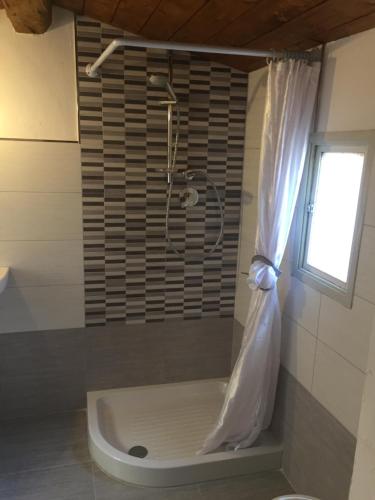 a bathroom with a tub and a shower with a shower curtain at La Casa di Luigi in Montevarchi