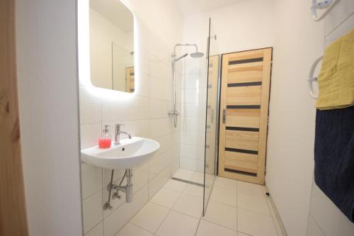 a white bathroom with a sink and a mirror at Gallery Apartment in Prague