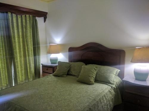a bedroom with a green bed with two lamps at Aparta Hotel Caribe Paraiso in Juan Dolio