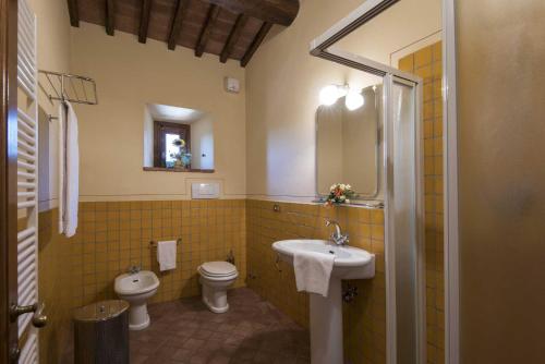 a bathroom with a sink and a toilet and a mirror at Agriturismo Le Gallozzole in Monteriggioni