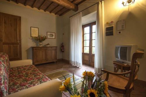 a living room with a couch and a tv at Agriturismo Le Gallozzole in Monteriggioni