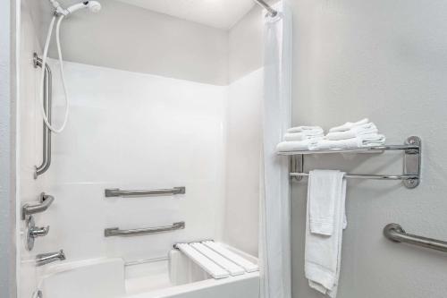 uma casa de banho com um chuveiro, um WC e um lavatório. em Microtel Inn & Suites by Wyndham Bremen em Bremen