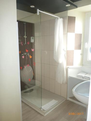 a bathroom with a shower and a sink at Les Tilleuls in Saint-Cirgues-de-Jordanne