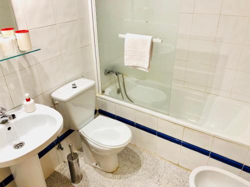 a bathroom with a toilet and a sink and a shower at Oupen de dor El Pilar - Manifestación in Zaragoza