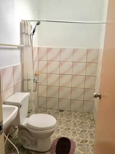 a bathroom with a toilet and a sink and a shower at Pisces Tourist Inn - Port Barton in San Vicente