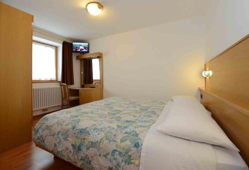 a bedroom with a bed and a window and a television at Hotel Stella in Passo del Tonale