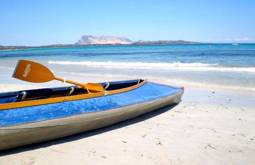a blue boat sitting on the beach with a paddle at Residence Oasi Anfiteatro in Porto Ottiolu
