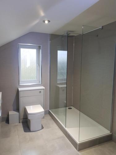 a bathroom with a toilet and a glass shower at Ash in Burgh le Marsh