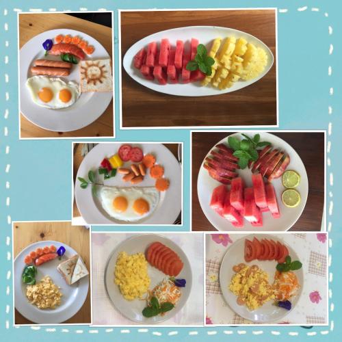 a collage of pictures of breakfast foods on plates at Baan Boom Boxes Eco Friendly Resort in Mae Nam