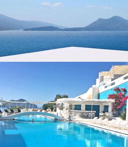 two pictures of a swimming pool in front of a building at Aegialis Hotel & Spa in Aegiali