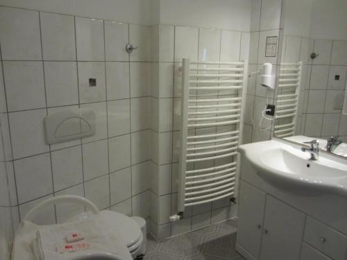 a bathroom with a toilet and a sink at Pension Am Ozeaneum in Stralsund