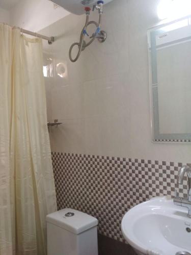 a bathroom with a sink and a toilet and a mirror at Sai Pavilion in Puttaparthi