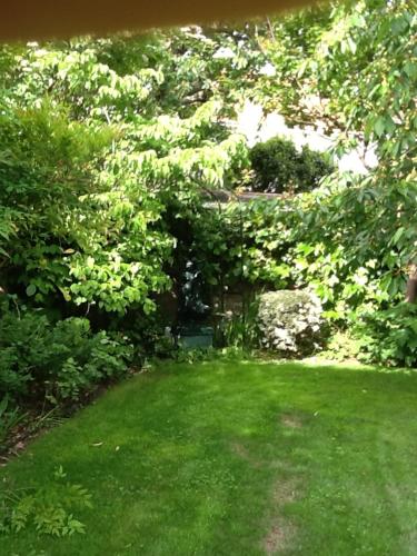 un cortile con prato verde, alberi e cespugli di Agora Mijo Chambre d'Hôtes a Nantes