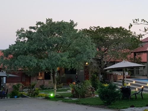 a tree in front of a house with an umbrella at Ossanzaia Bilene Lodge in Vila Praia Do Bilene