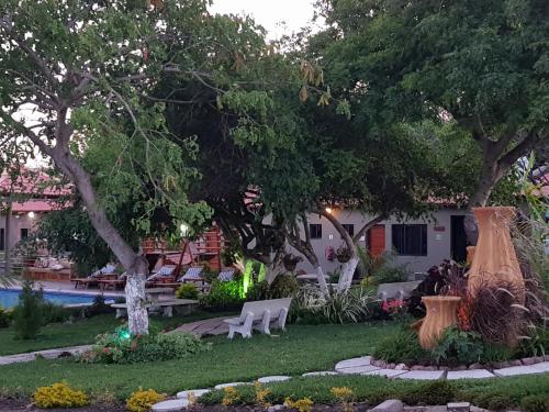 a garden with white chairs and trees and a pool at Ossanzaia Bilene Lodge in Vila Praia Do Bilene