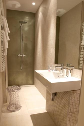 a bathroom with a sink and a shower at Le César Hôtel in Provins