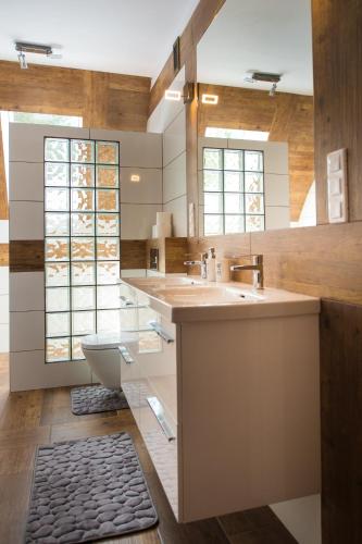 a bathroom with a sink and a toilet at DWÓR U PAPUGA in Ruciane-Nida